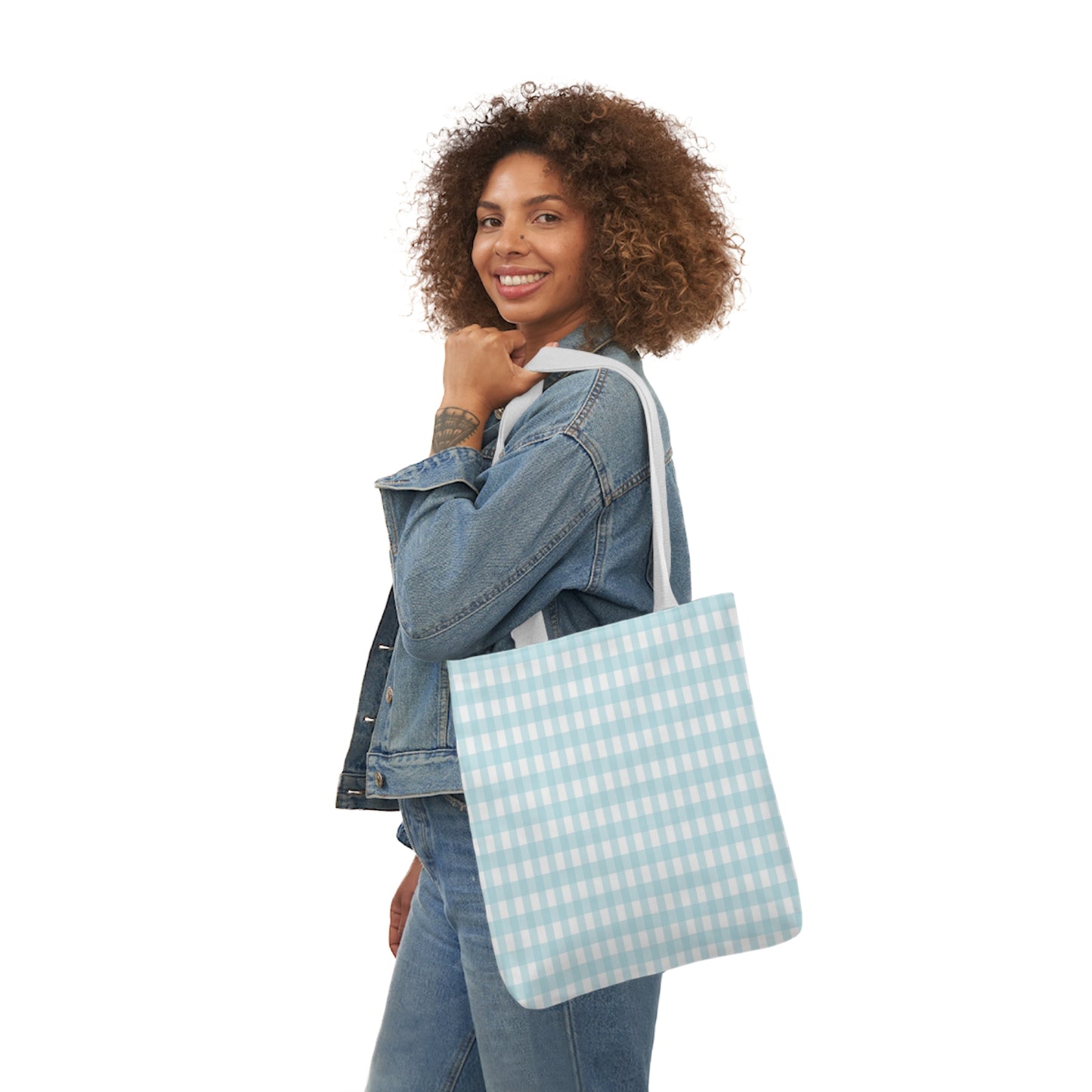 Baby Blue and White Check Pattern Shoulder Tote Bag