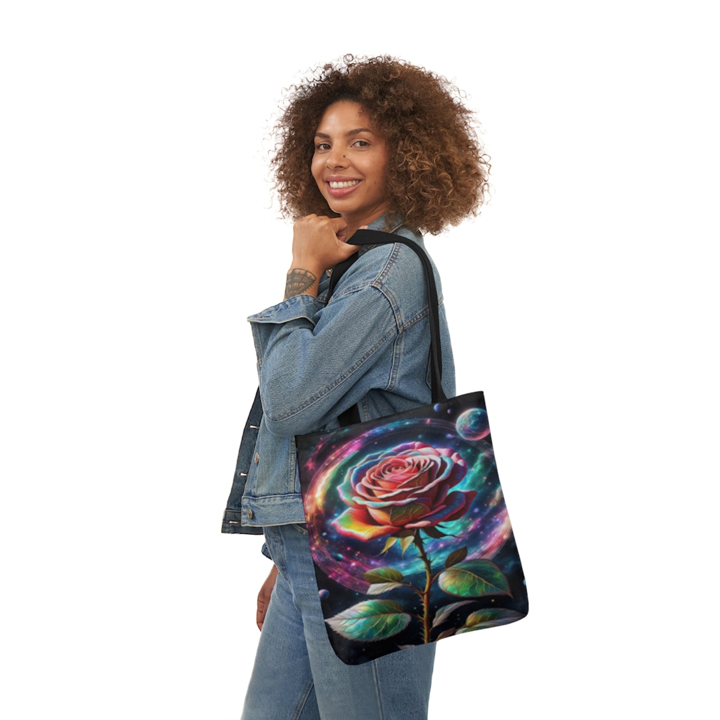 Rainbow Rose Cosmic Space Flower  Shoulder Tote Bag