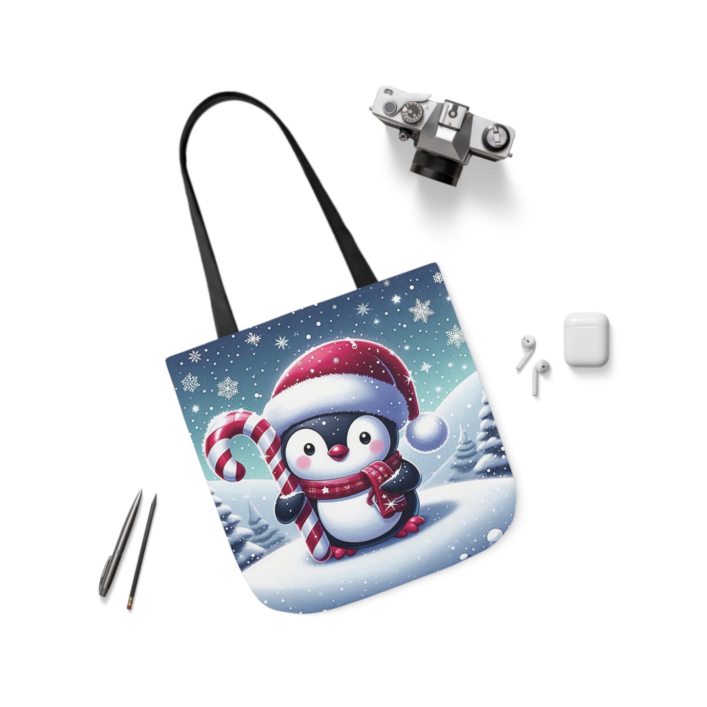 Christmas Candy Cane Penguin Shoulder Tote Bag