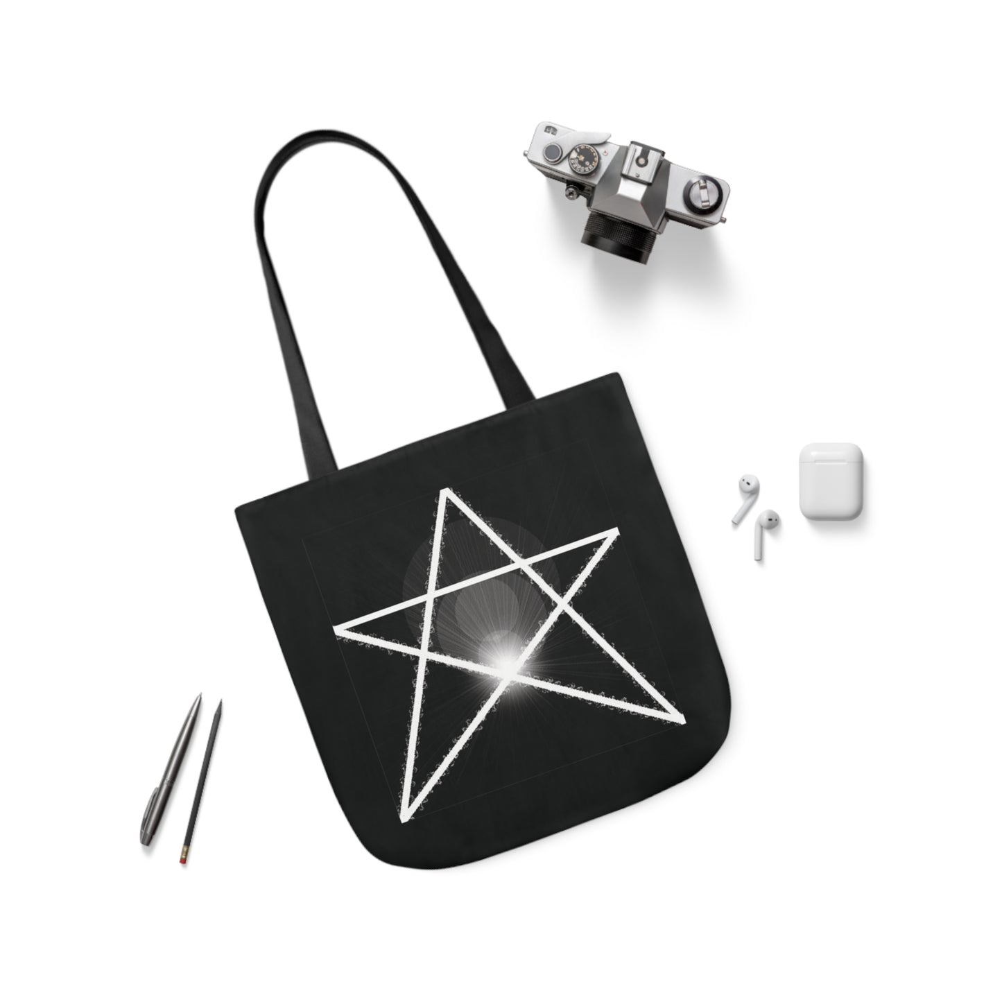 White Pentagram Witches Pentacle Black Shoulder Tote Bag