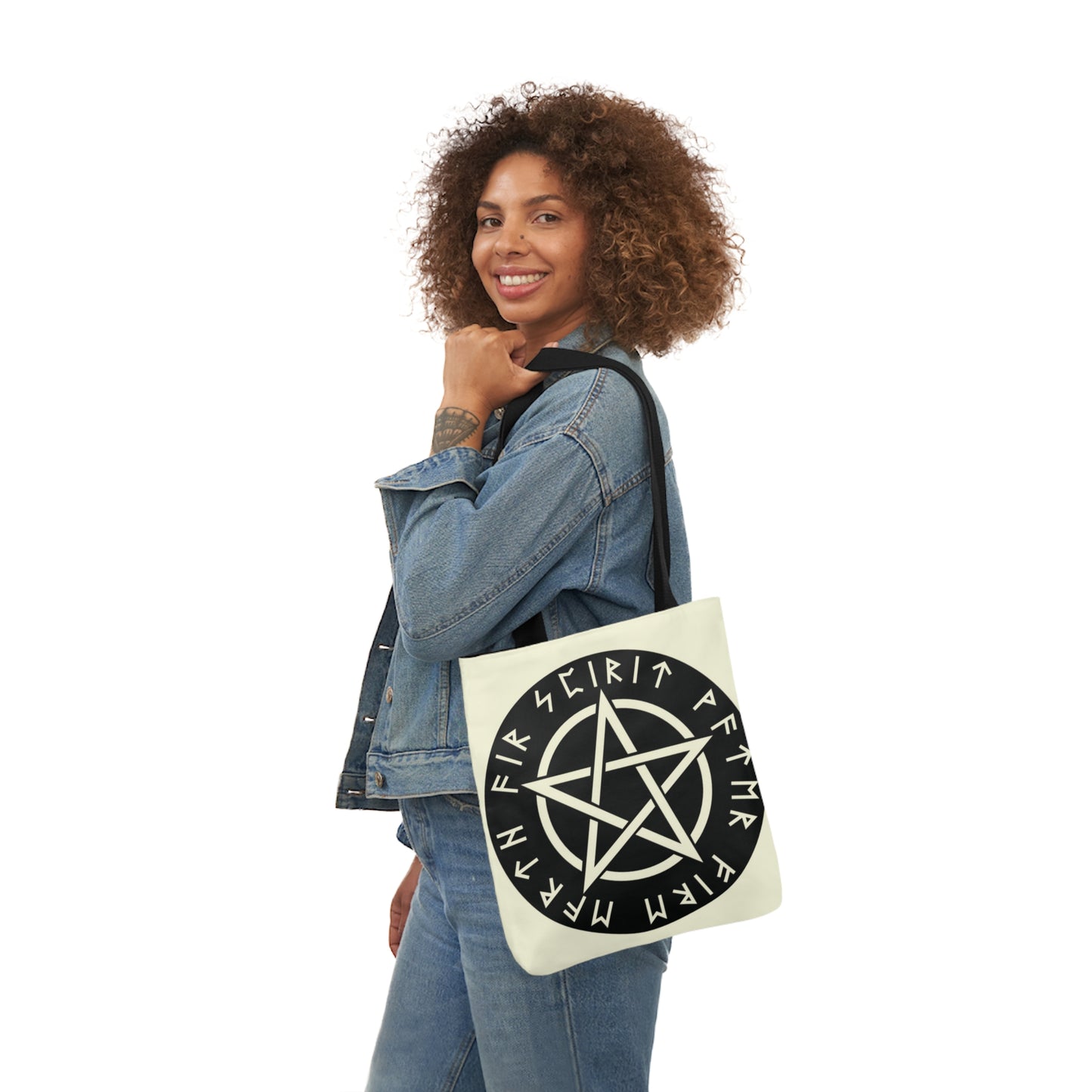 Wiccan Black Runic Pentagram Shoulder Tote Bag