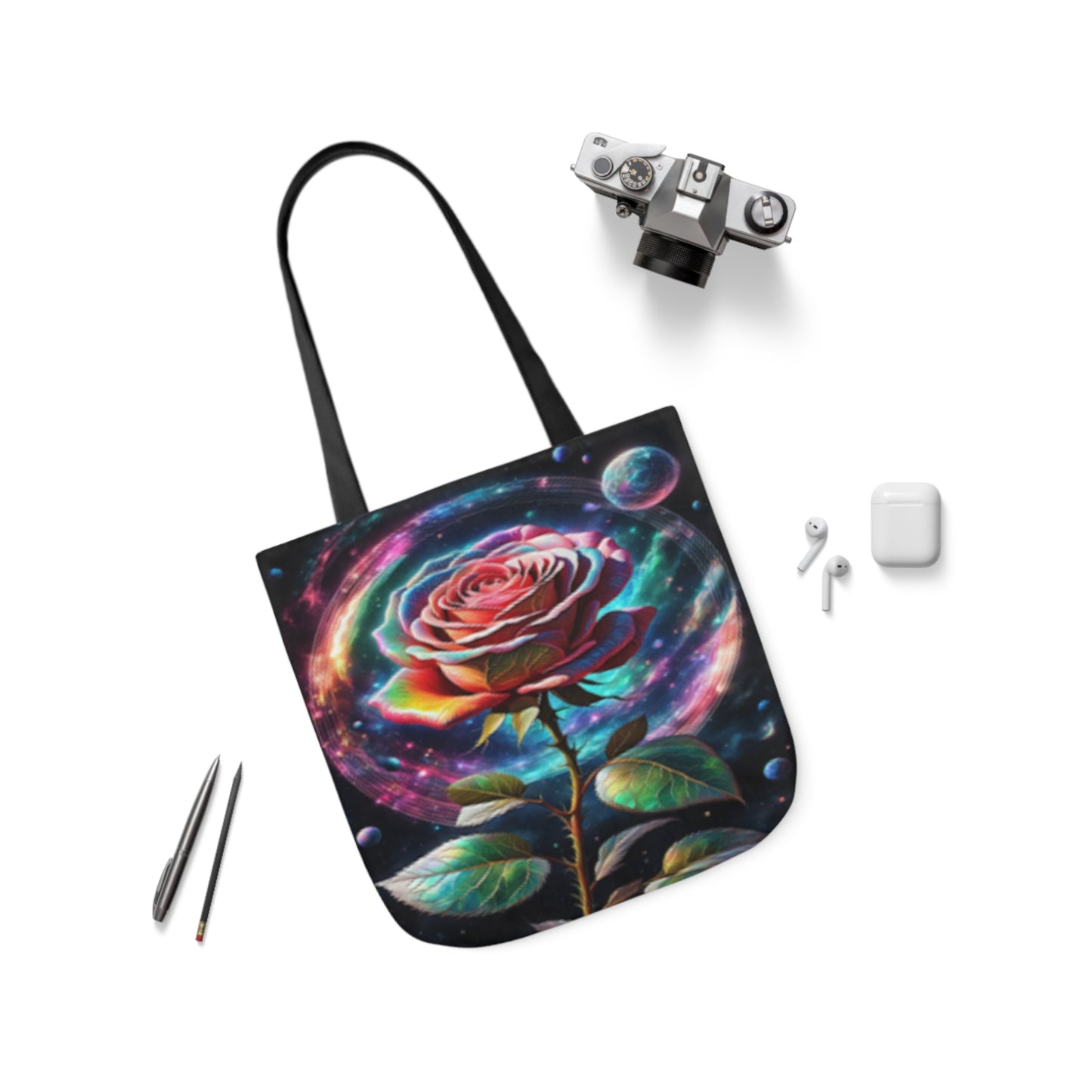 Rainbow Rose Cosmic Space Flower  Shoulder Tote Bag