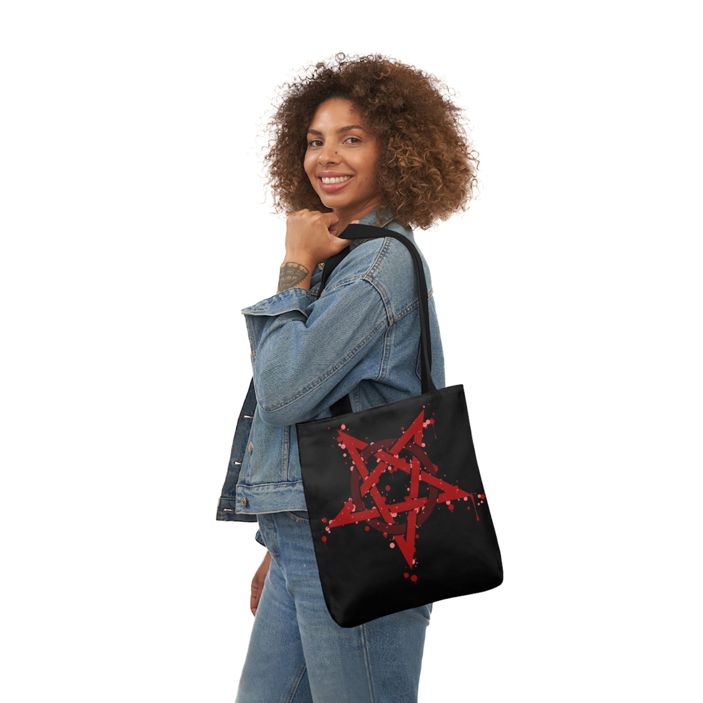 Red  Inverted Spotted Pentagram Shoulder Tote Bag