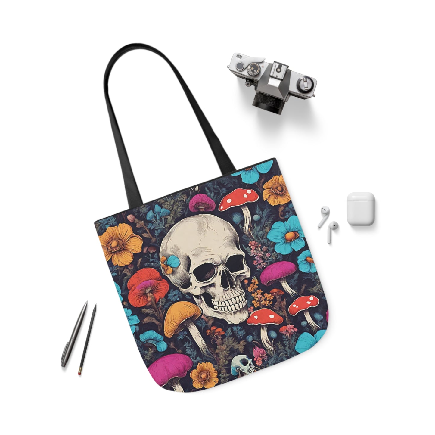 Skull With Magic Toadstools And Flowers Shoulder Tote Bag