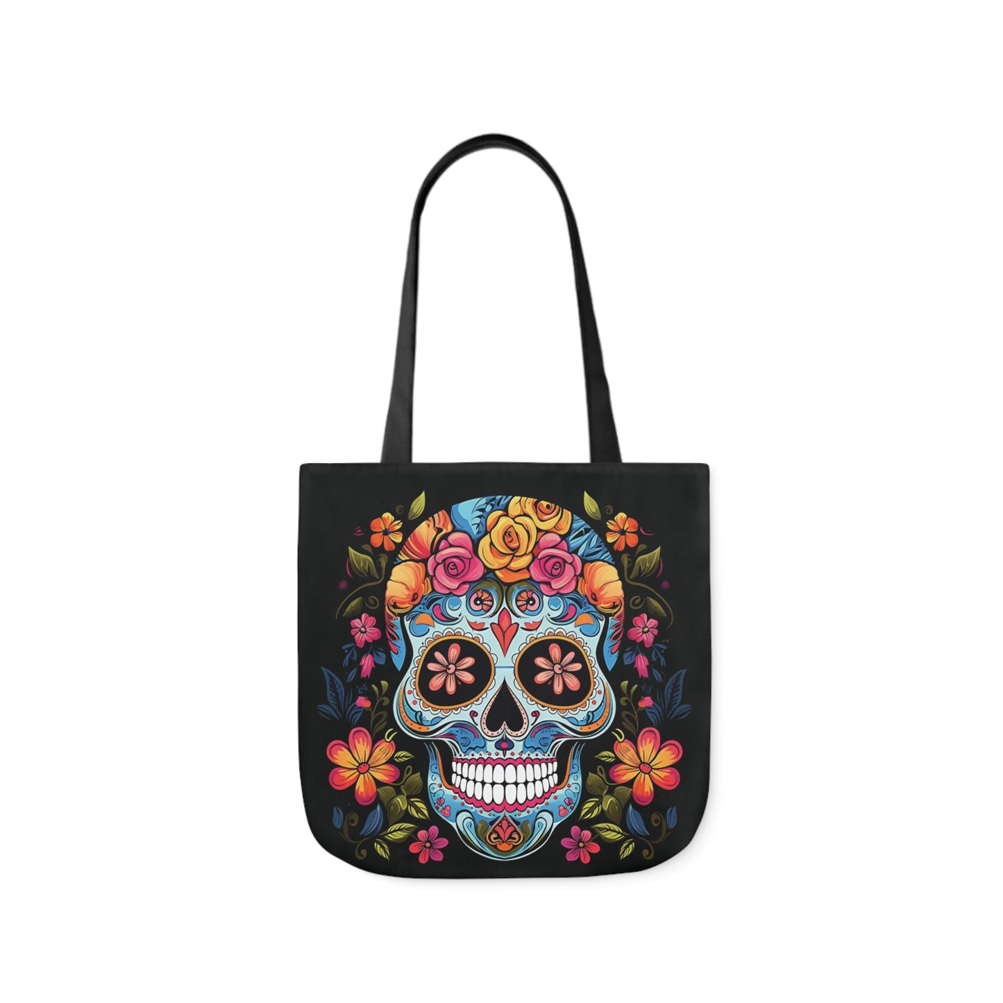 Blue Sugar Skull With Bright Flowers Shoulder Tote Bag