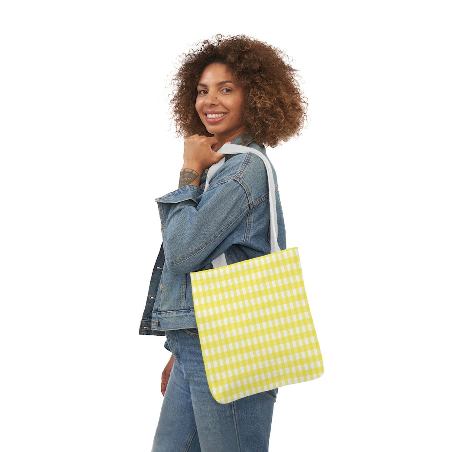 Lemon Yellow Check Pattern Shoulder Tote Bag