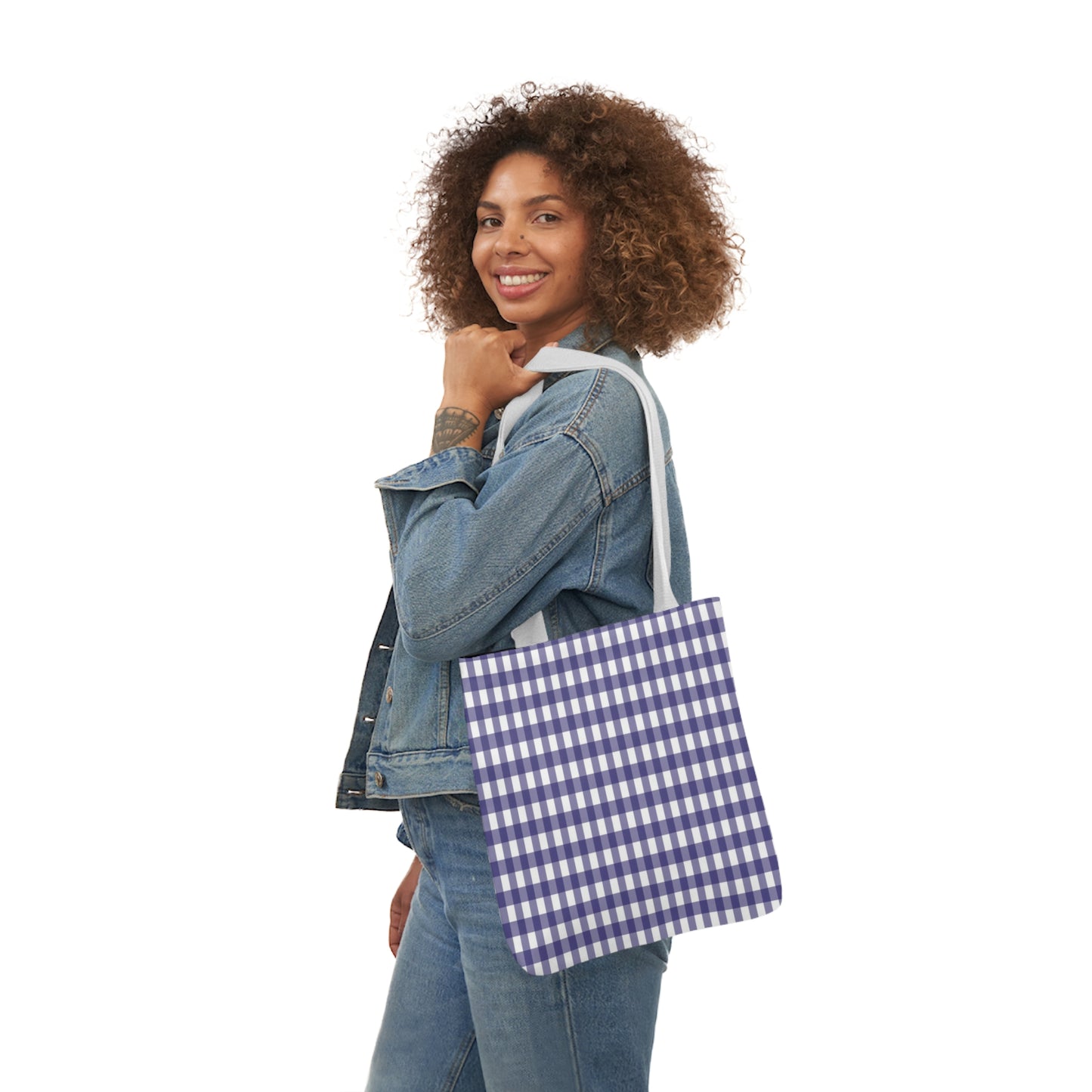 Navy Blue and White Check Pattern Shoulder Tote Bag