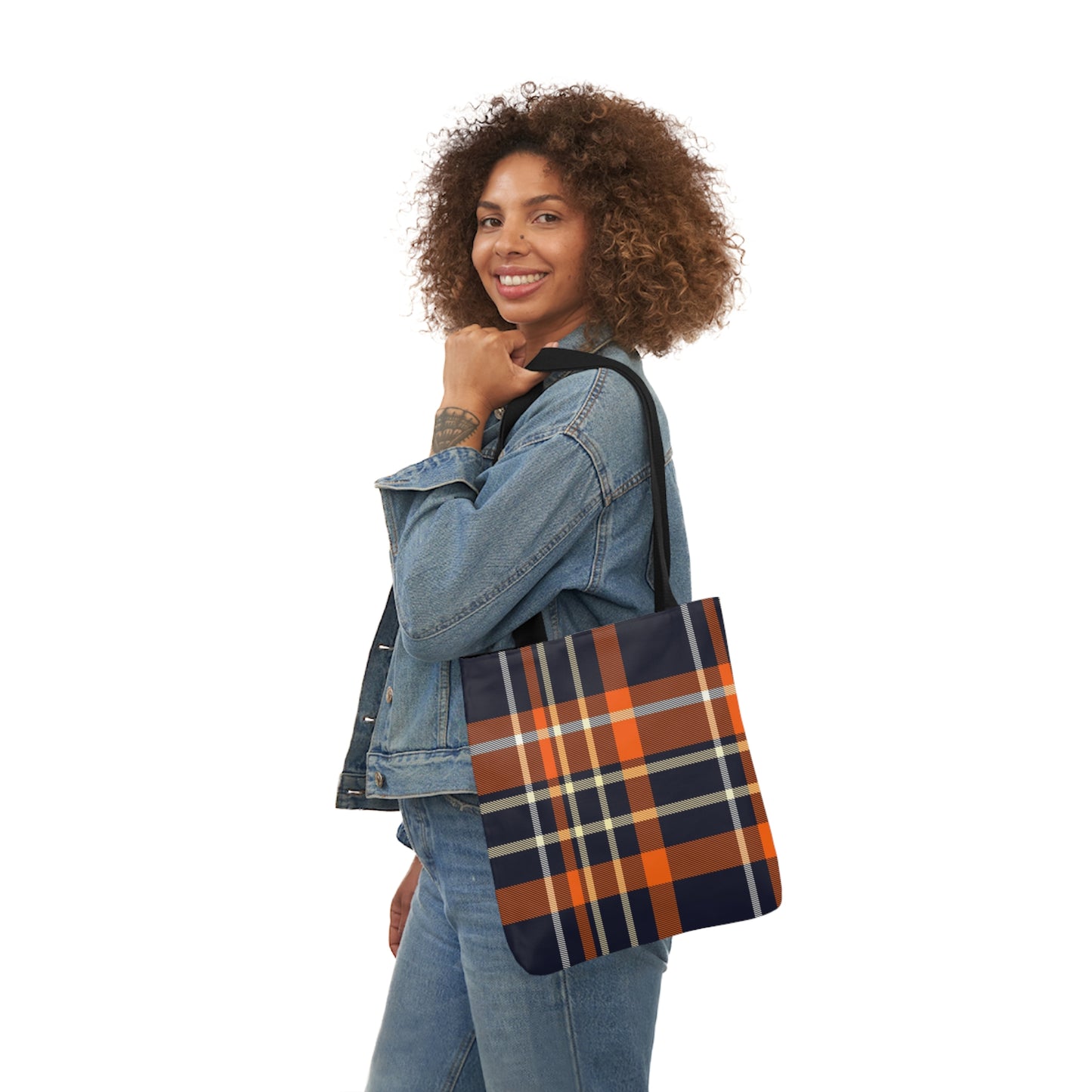 Navy Blue And Orange Tartan Pattern Shoulder Tote Bag