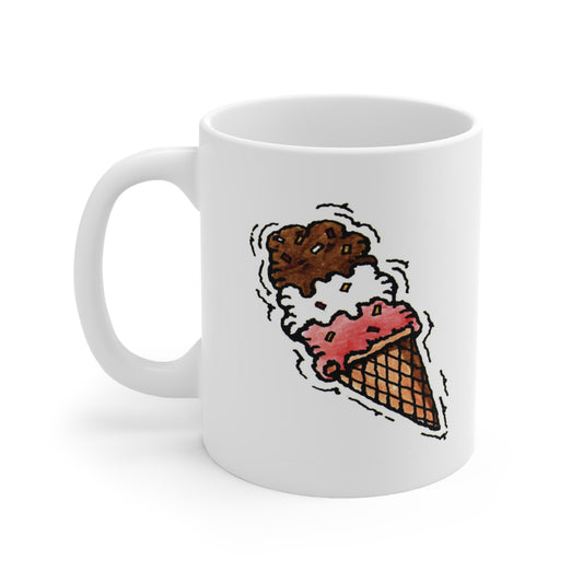 A white ceramic coffee mug with a design of a Neapolitan ice cream.