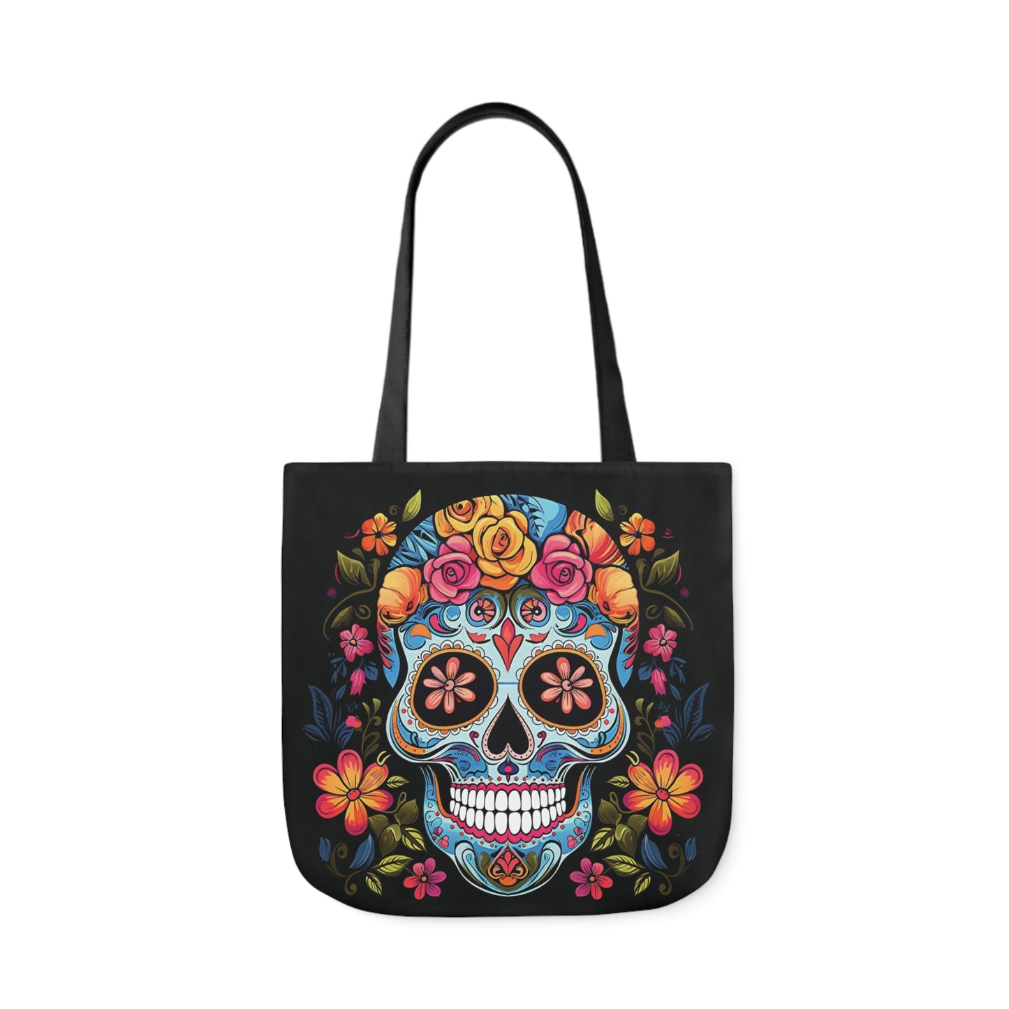 Blue Sugar Skull With Bright Flowers Shoulder Tote Bag