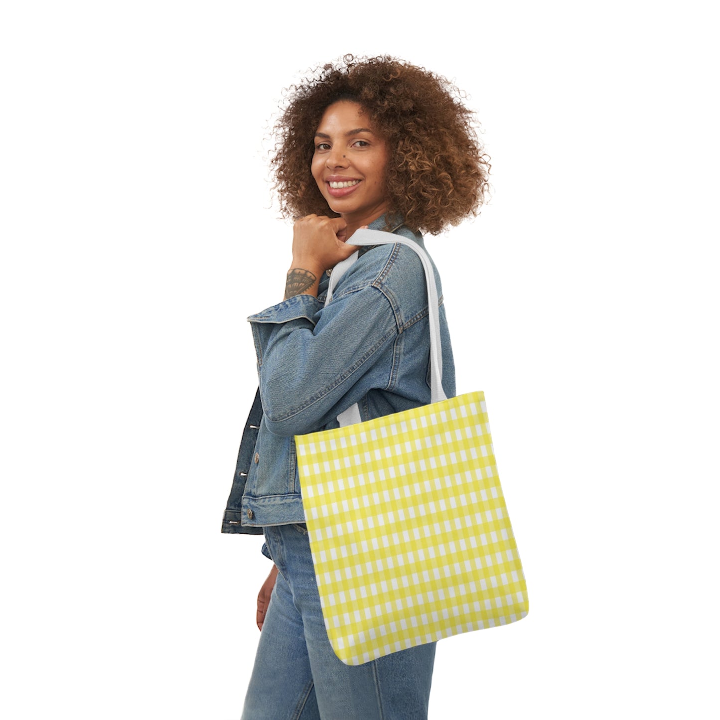 Lemon Yellow Check Pattern Shoulder Tote Bag