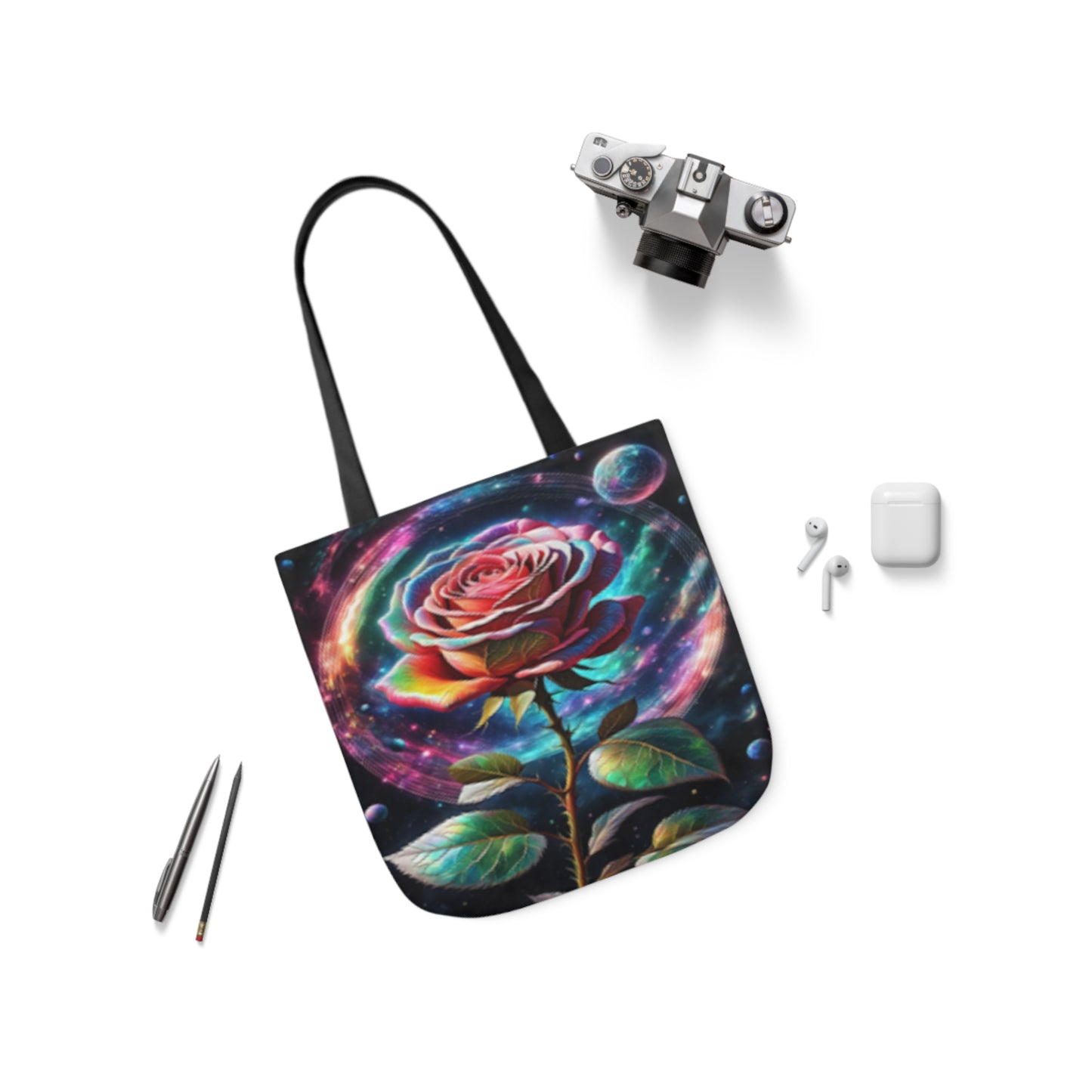 Rainbow Rose Cosmic Space Flower  Shoulder Tote Bag