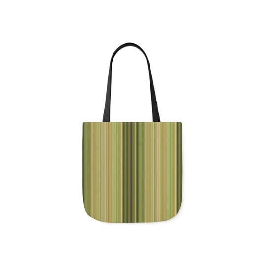 A canvas shoulder tote bag with a design of olive and forest green stripes pattern.