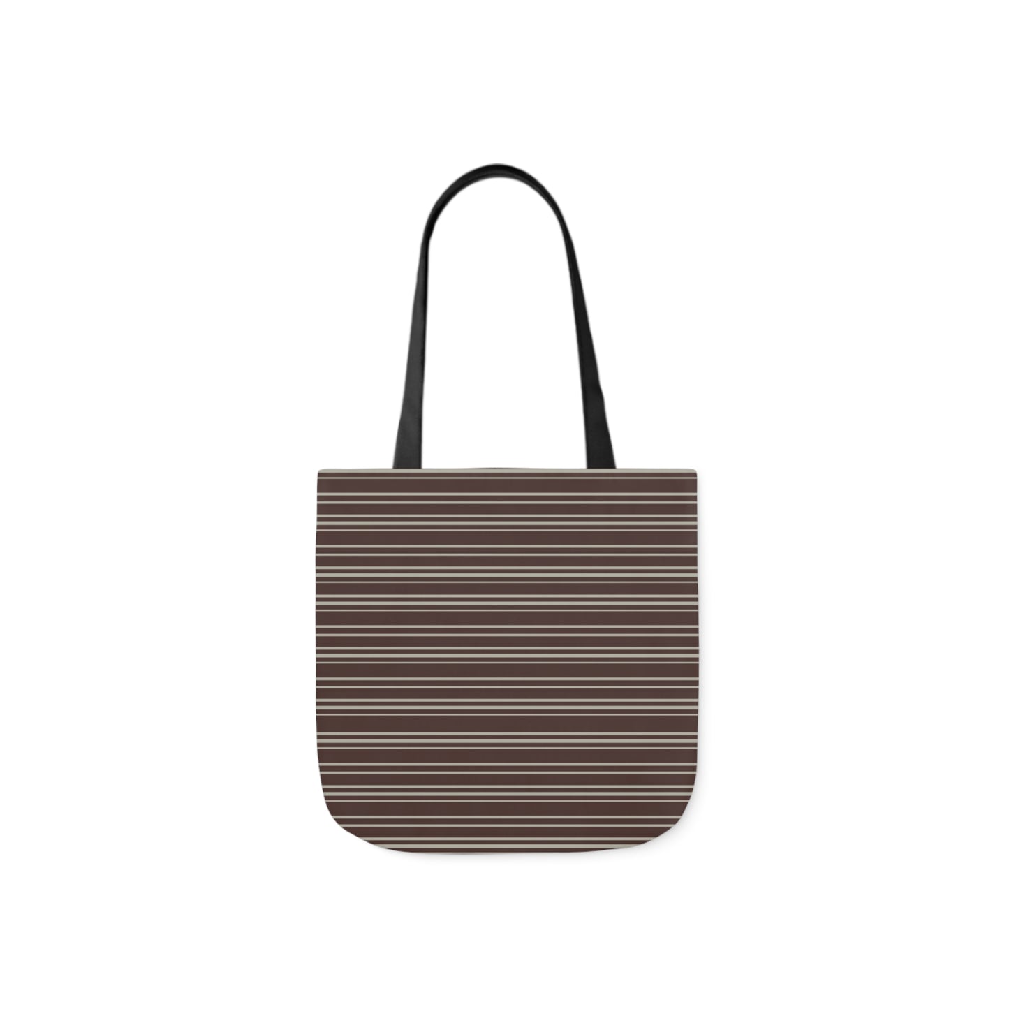 A canvas shoulder tote bag with a design of dark chocolate brown horizontal stripes pattern.