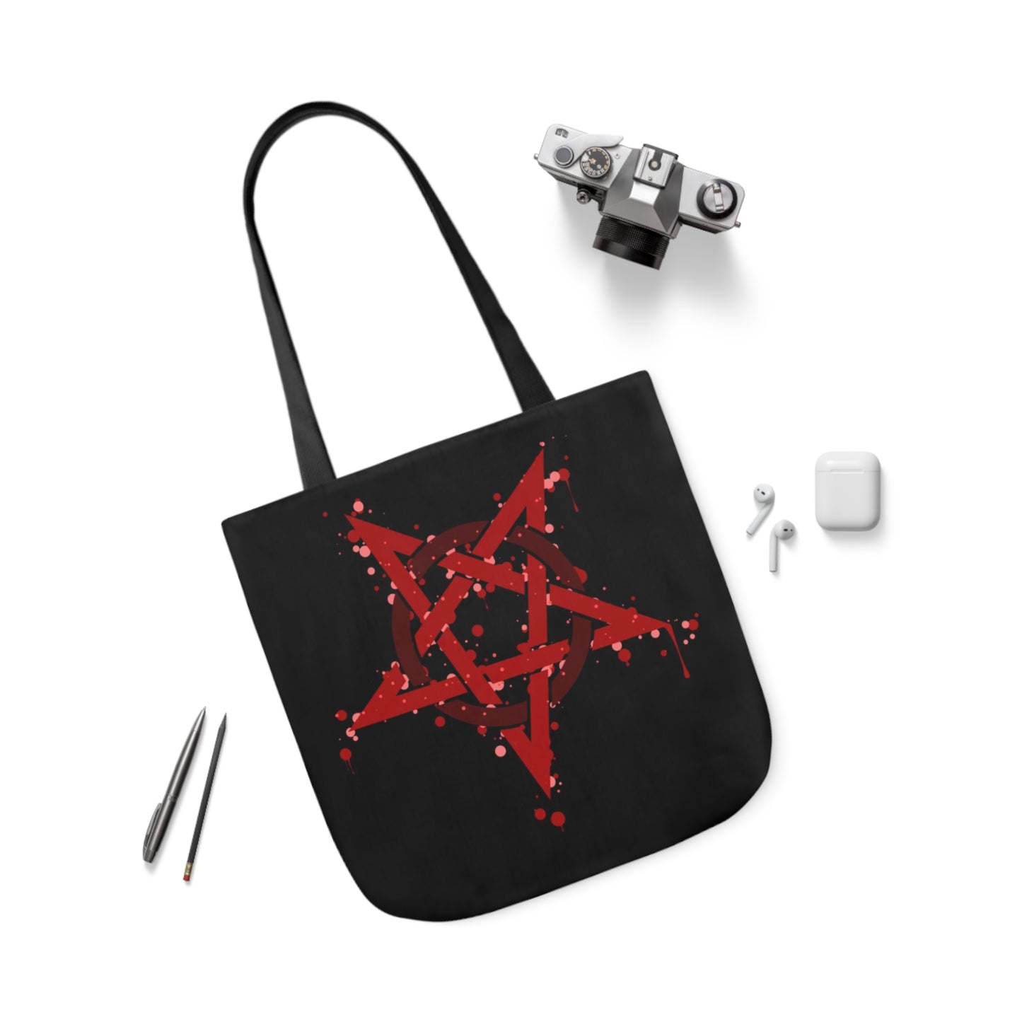 Red  Inverted Spotted Pentagram Shoulder Tote Bag