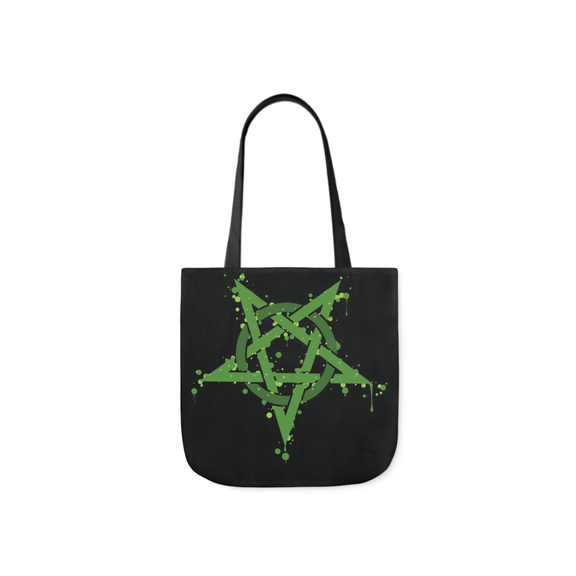 A canvas shoulder tote bag with a design of a green inverted spotted pentagram, on a black background.