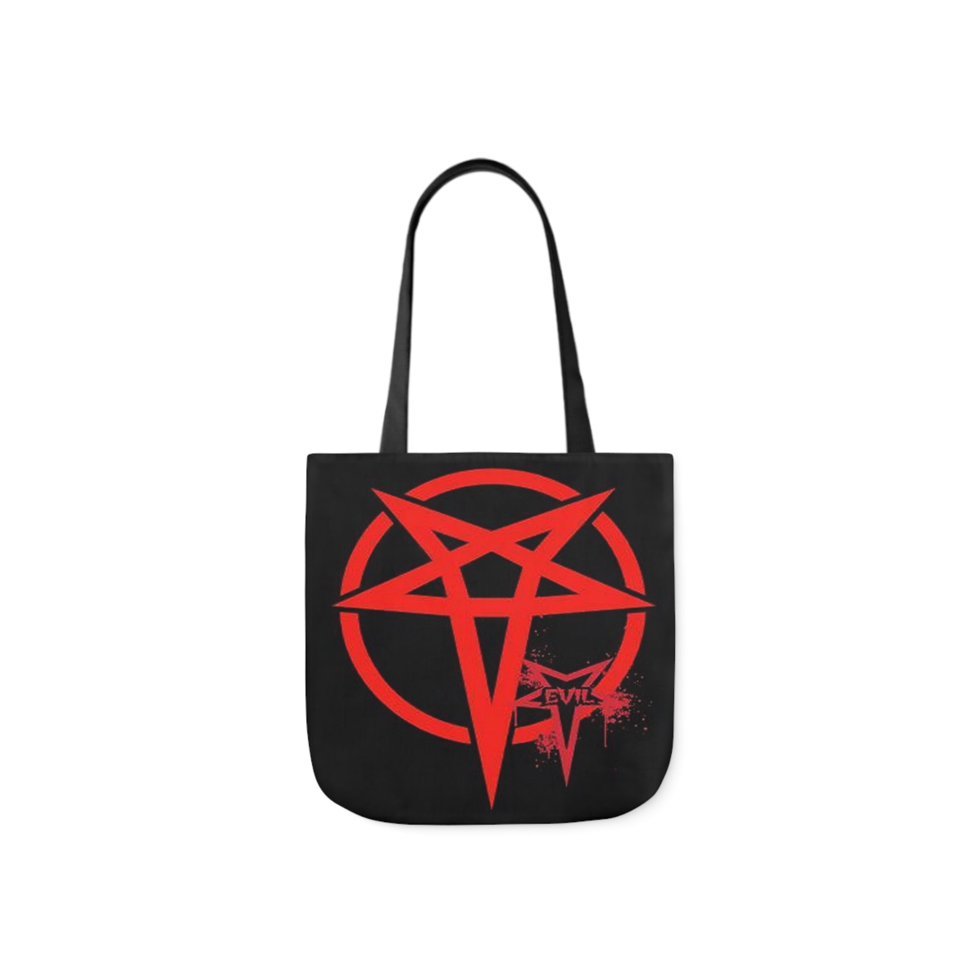 A canvas shoulder tote bag with a design of a red inverted pentagram with a smaller red inverted pentagram including the word Evil in it.