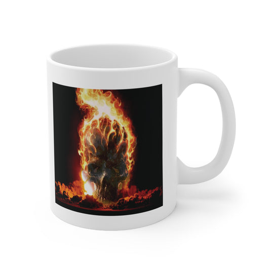 A white ceramic coffee mug with a design of a skull on fire.  The skull is on a black background.