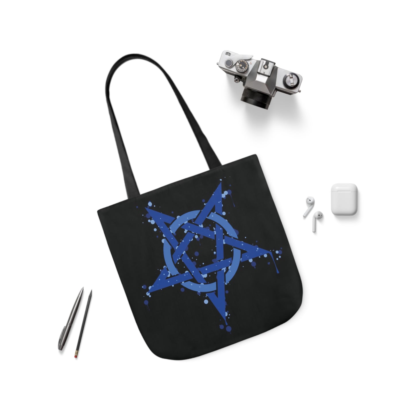 Blue Inverted Spotted Pentagram Shoulder Tote Bag