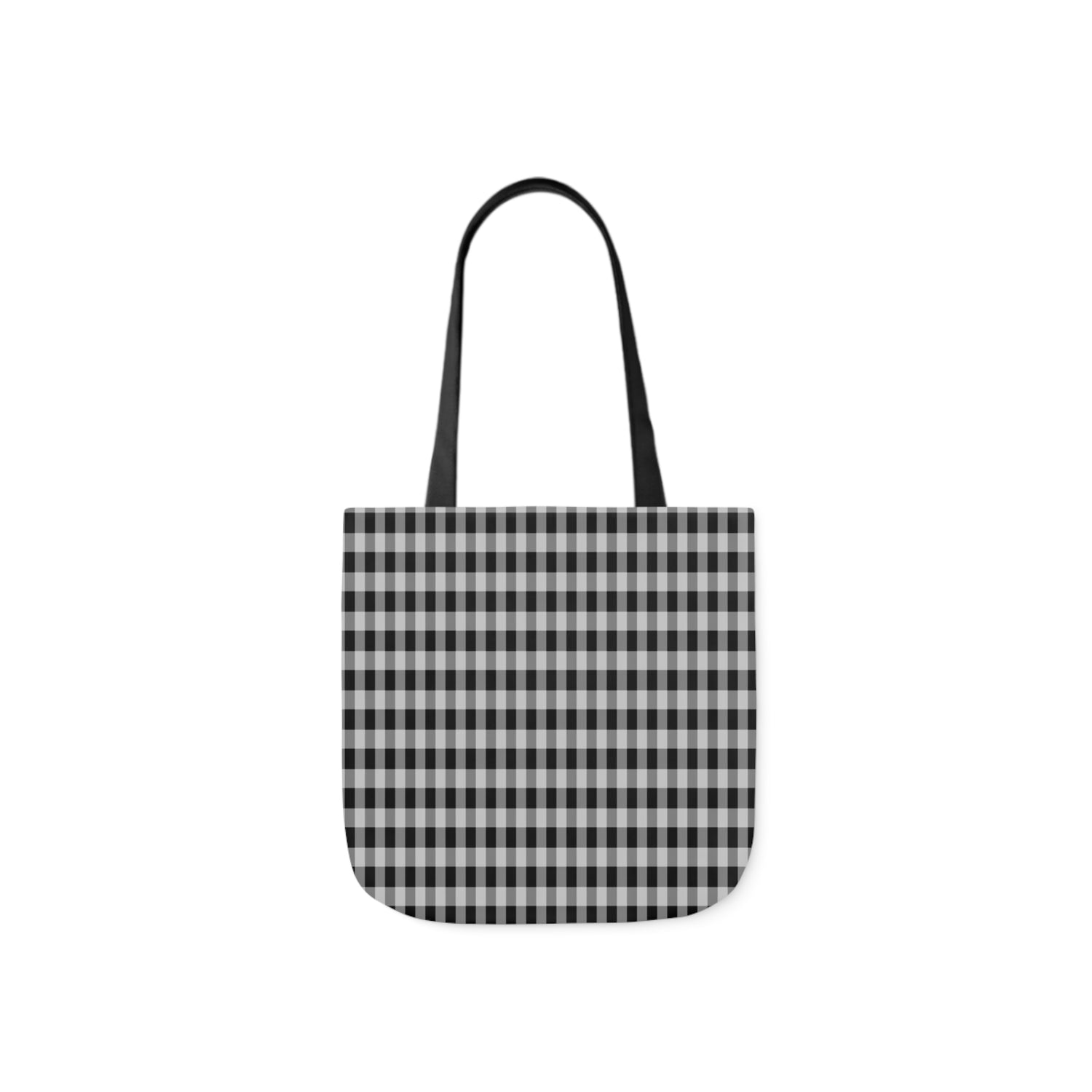 A canvas shoulder tote bag with a design of a black and grey check gingham pattern.