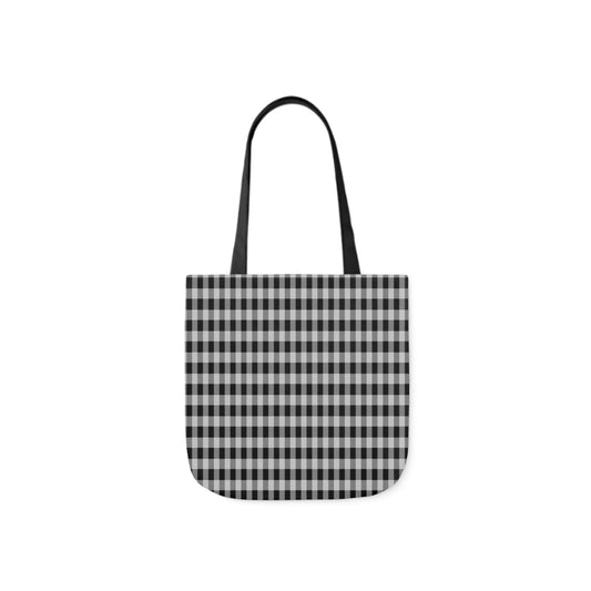 A canvas shoulder tote bag with a design of a black and grey check gingham pattern.