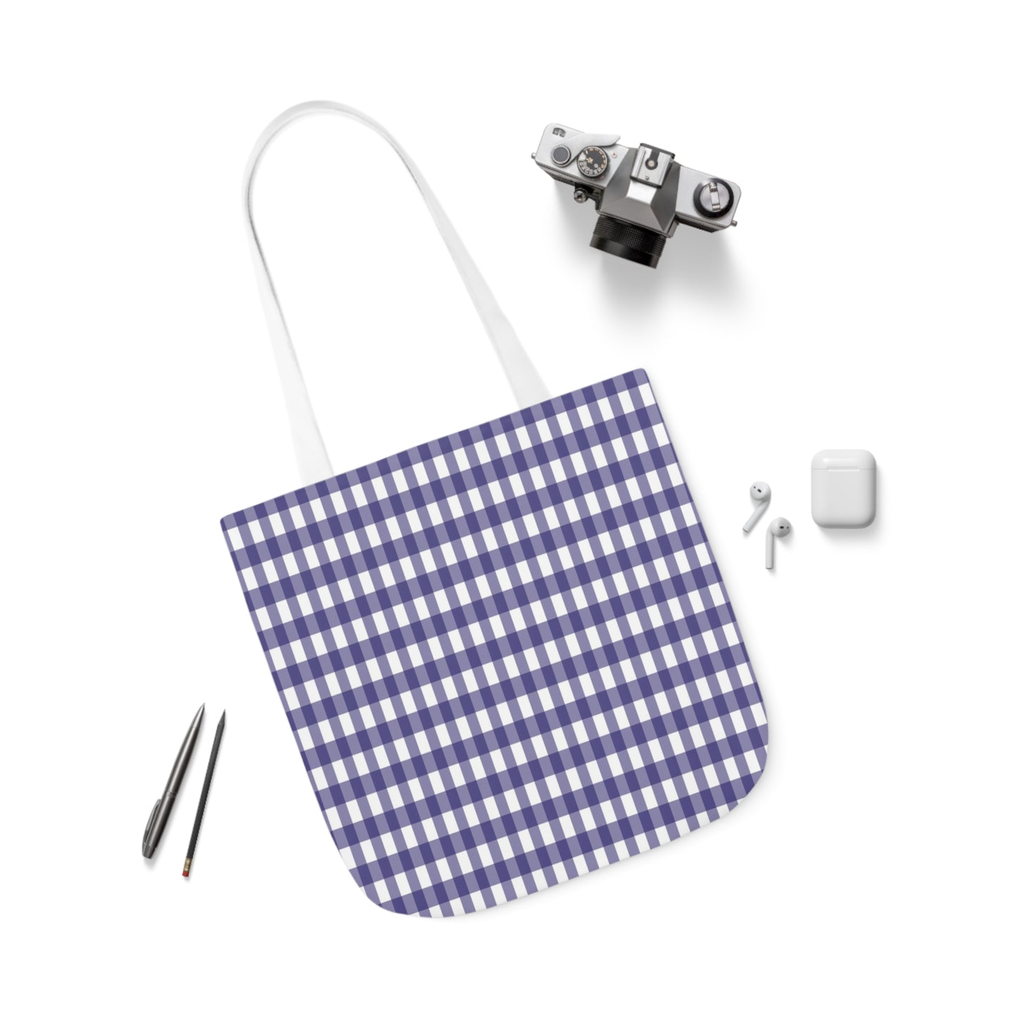 Navy Blue and White Check Pattern Shoulder Tote Bag