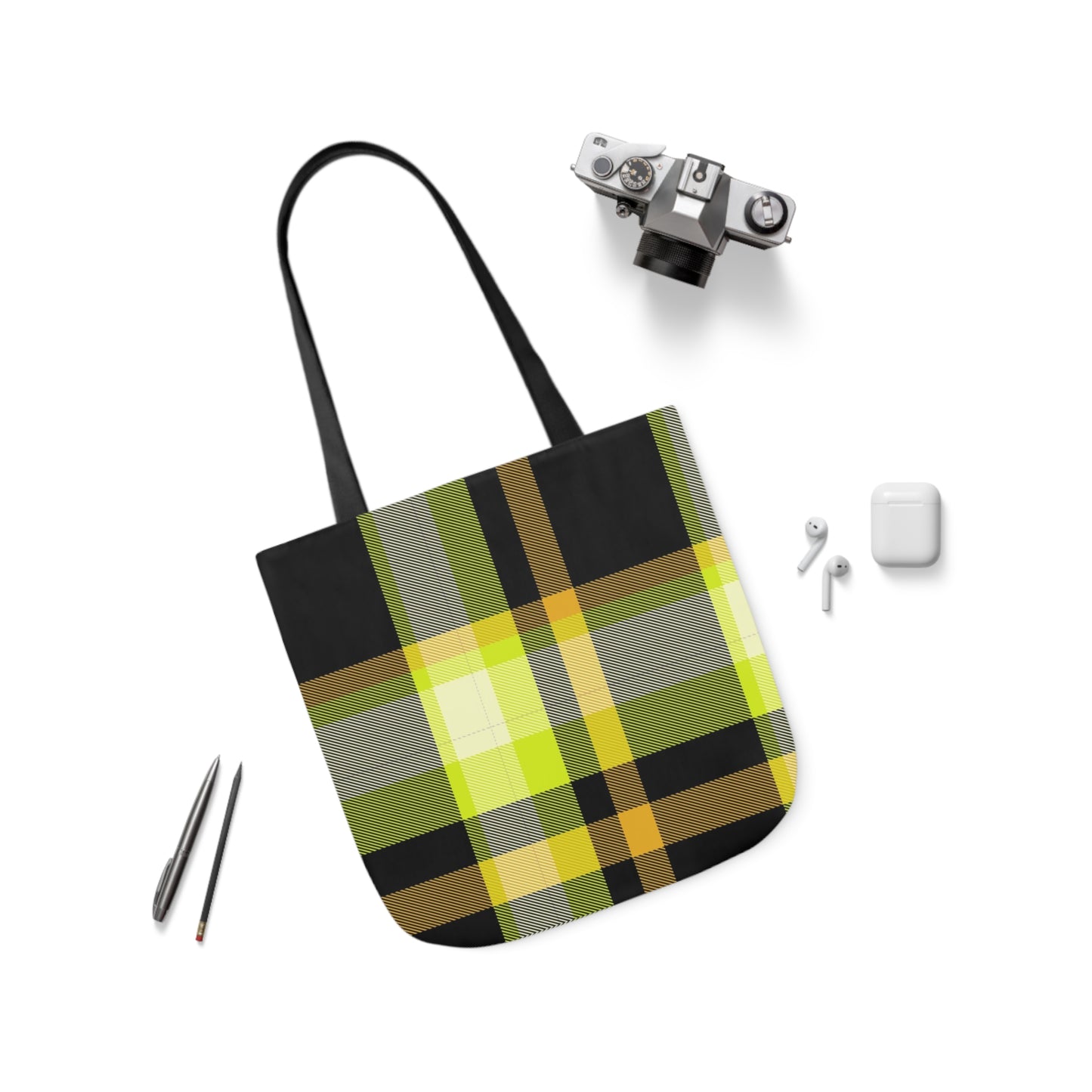 Black And Yellow Tartan Pattern Shoulder Tote Bag