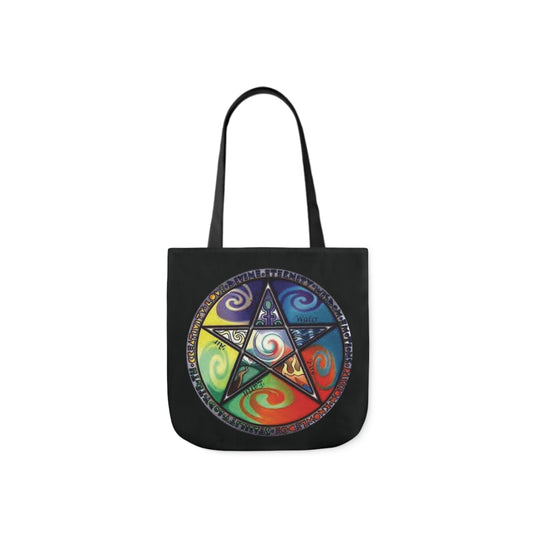 A canvas shoulder tote bag with a design of a wiccan pentagram on a black background.