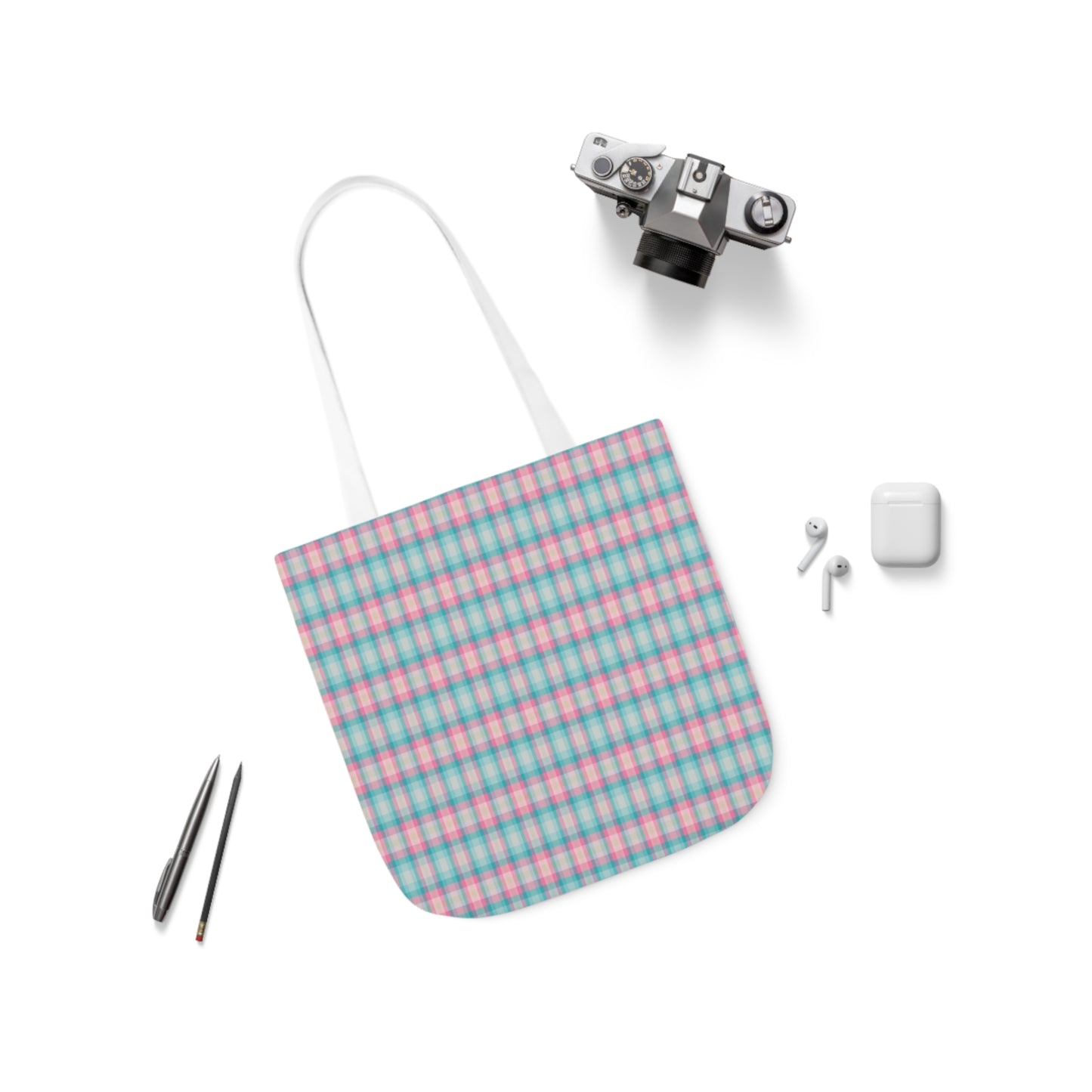 Baby Blue And Light Pink Gingham Check Pattern Shoulder Tote Bag