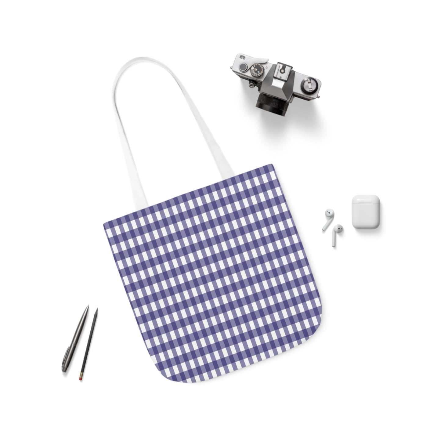 Navy Blue and White Check Pattern Shoulder Tote Bag