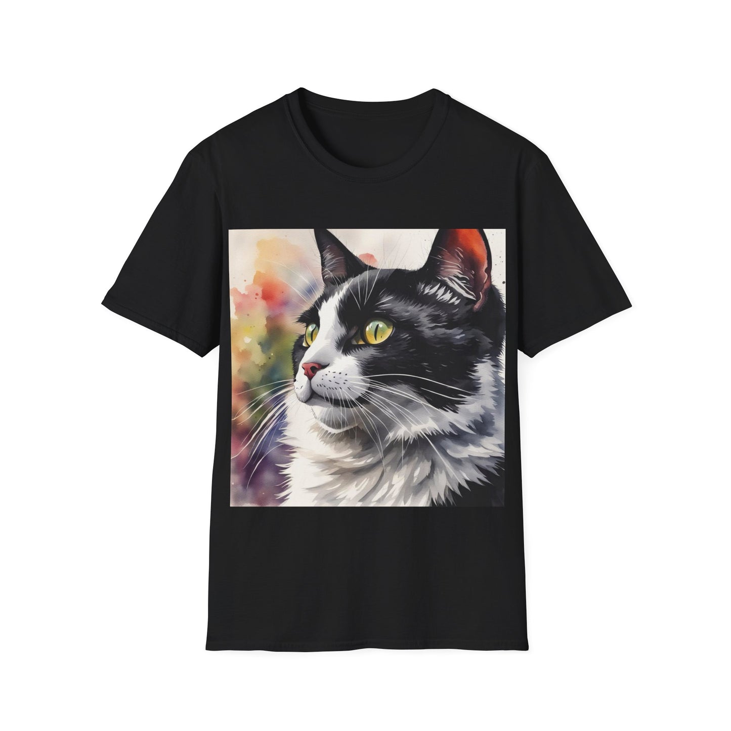 A black t-shirt with a design of a black and white cat painted in watercolours.