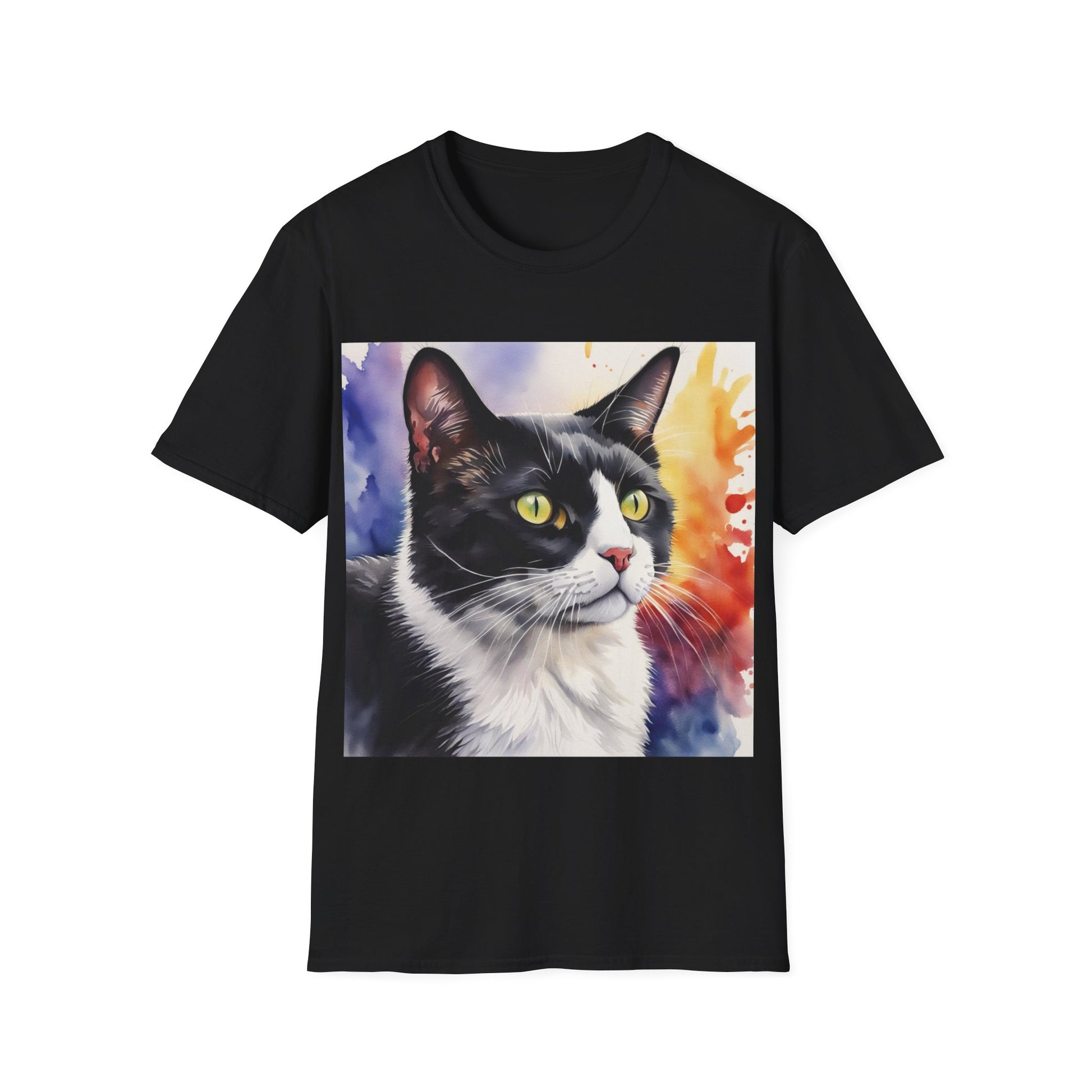 A black t-shirt with a design of a black and white cat painted in watercolours.