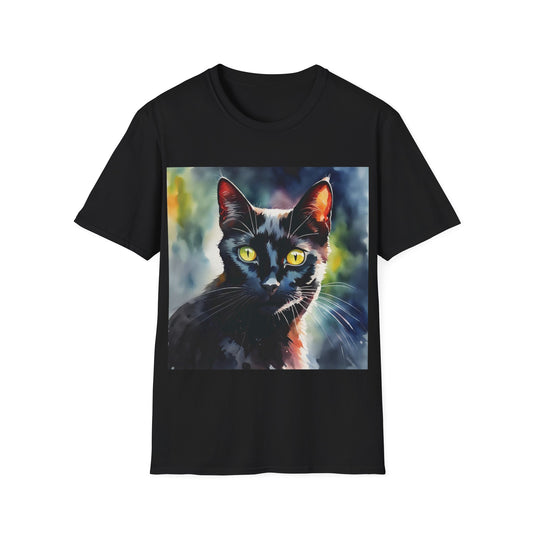 A black t-shirt with a design of a black cat with beautiful amber eyes painted in watercolours.