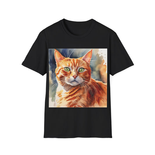 A black t-shirt with a watercolour painting of a ginger cat.
