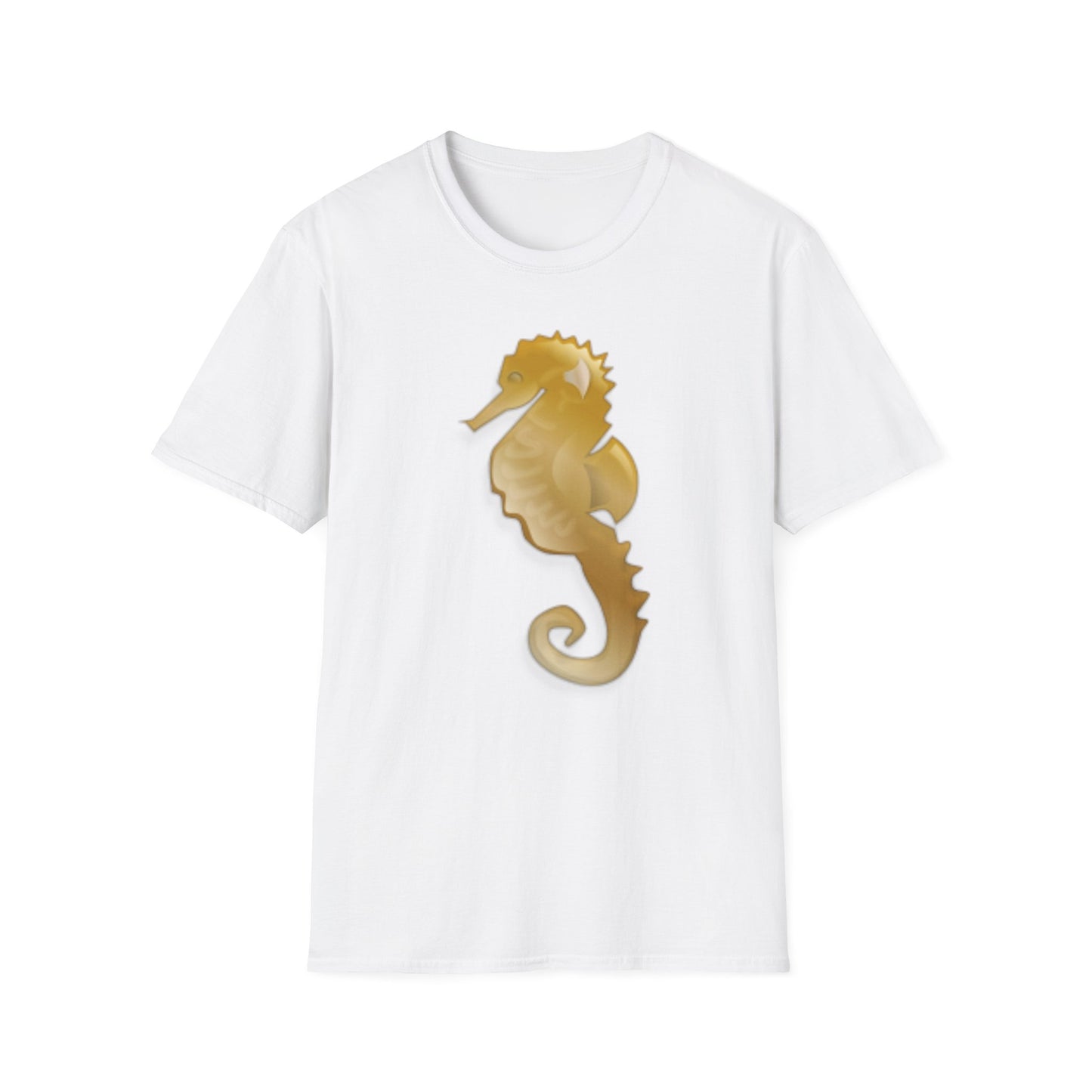 A white t-shirt with a design of a golden seahorse