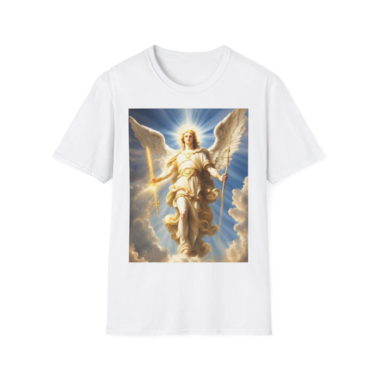 A white t-shirt with a design of archangel Michael showing through the clouds in Heaven and lit with a holy light. He is entirely white and holding a sword and sceptre. 