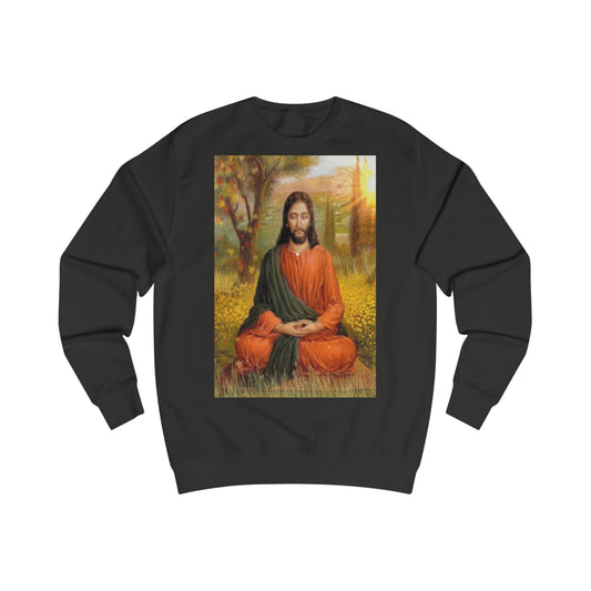 A black sweatshirt with a design of Jesus Christ in the woods praying and meditating. The image is a painting