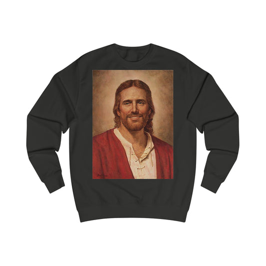 A black sweatshirt with a painting of Jesus Christ smiling