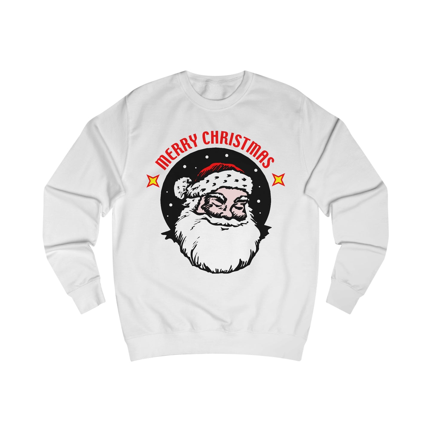 A white sweatshirt with a design of a Santa Claus in a circle. The words read: Merry Christmas