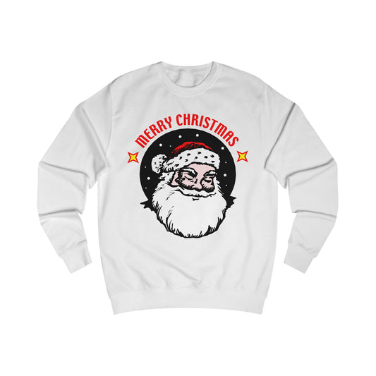 A white sweatshirt with a design of a Santa Claus in a circle. The words read: Merry Christmas