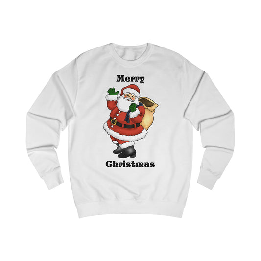 A white sweatshirt with a design of Santa Claus with a sack of toys over his shoulder and waving. The words read: Merry Christmas