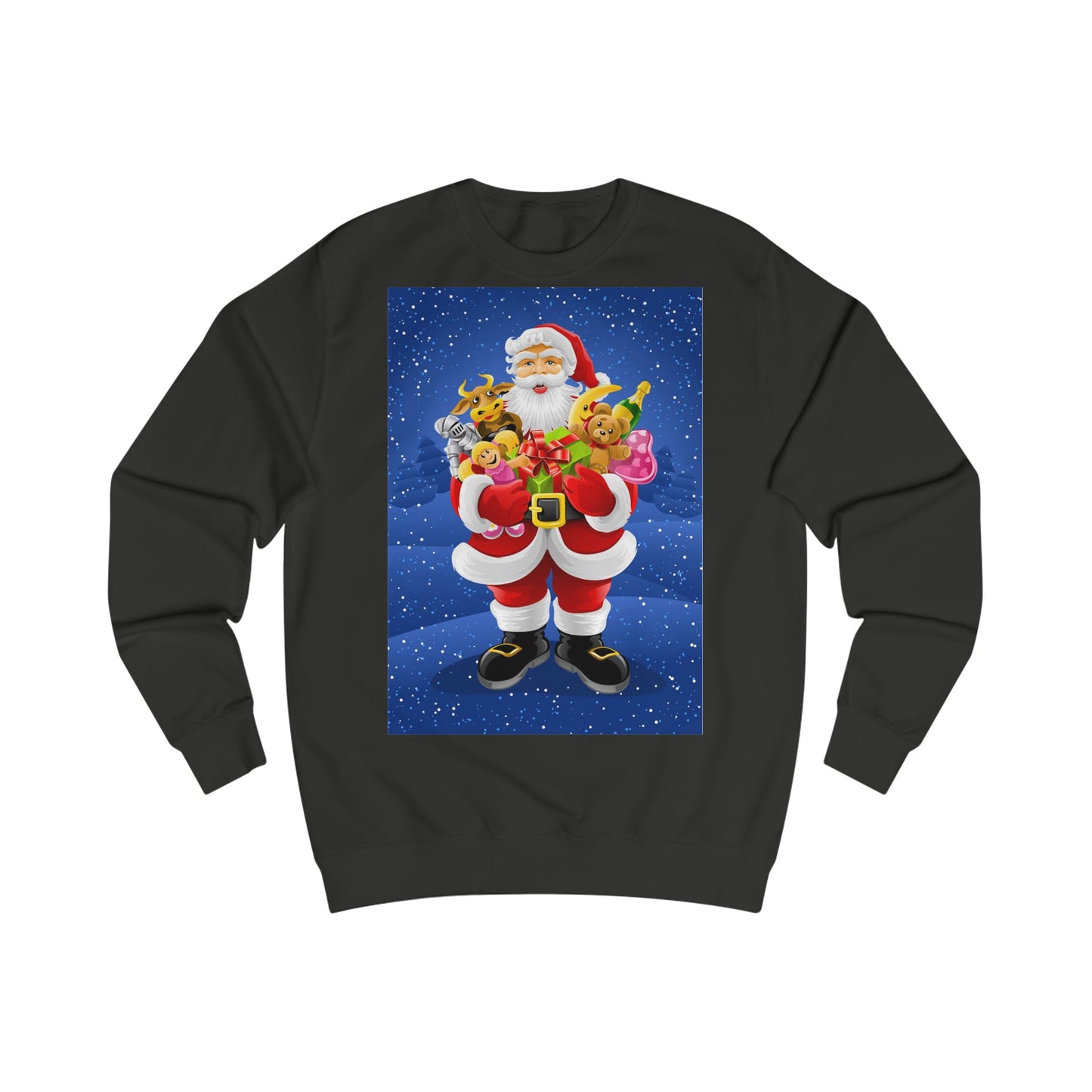 A black sweatshirt with a design of Santa Claus on a snowy Christmas Eve delivering an armful of toys and gifts