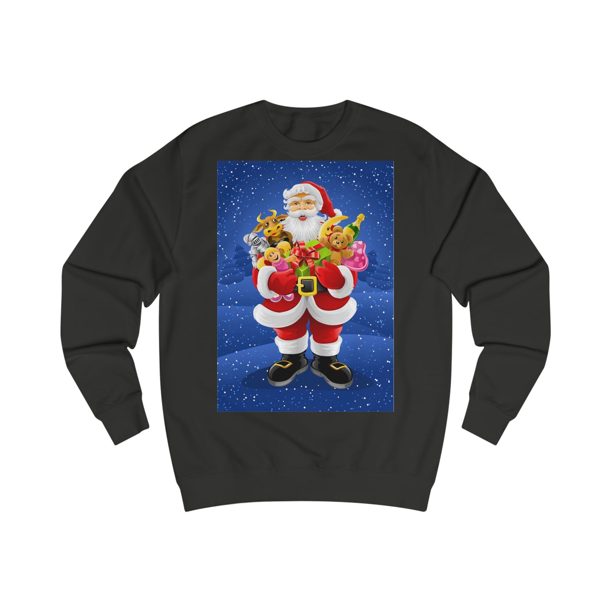 A black sweatshirt with a design of Santa Claus on a snowy Christmas Eve delivering an armful of toys and gifts