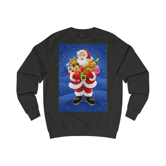 A black sweatshirt with a design of Santa Claus on a snowy Christmas Eve delivering an armful of toys and gifts