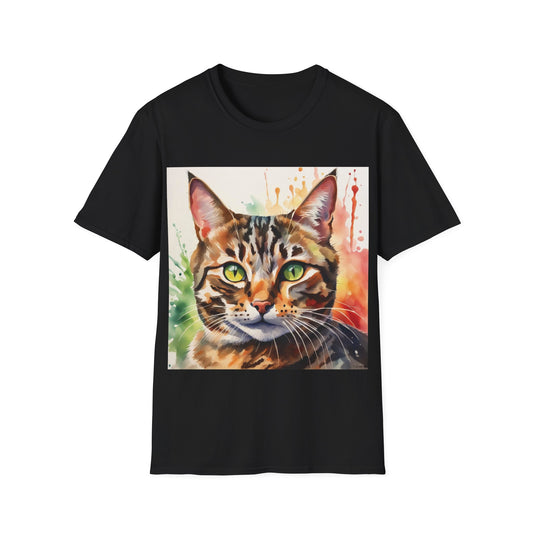 A black t-shirt with a watercolour painting of a tabby cat