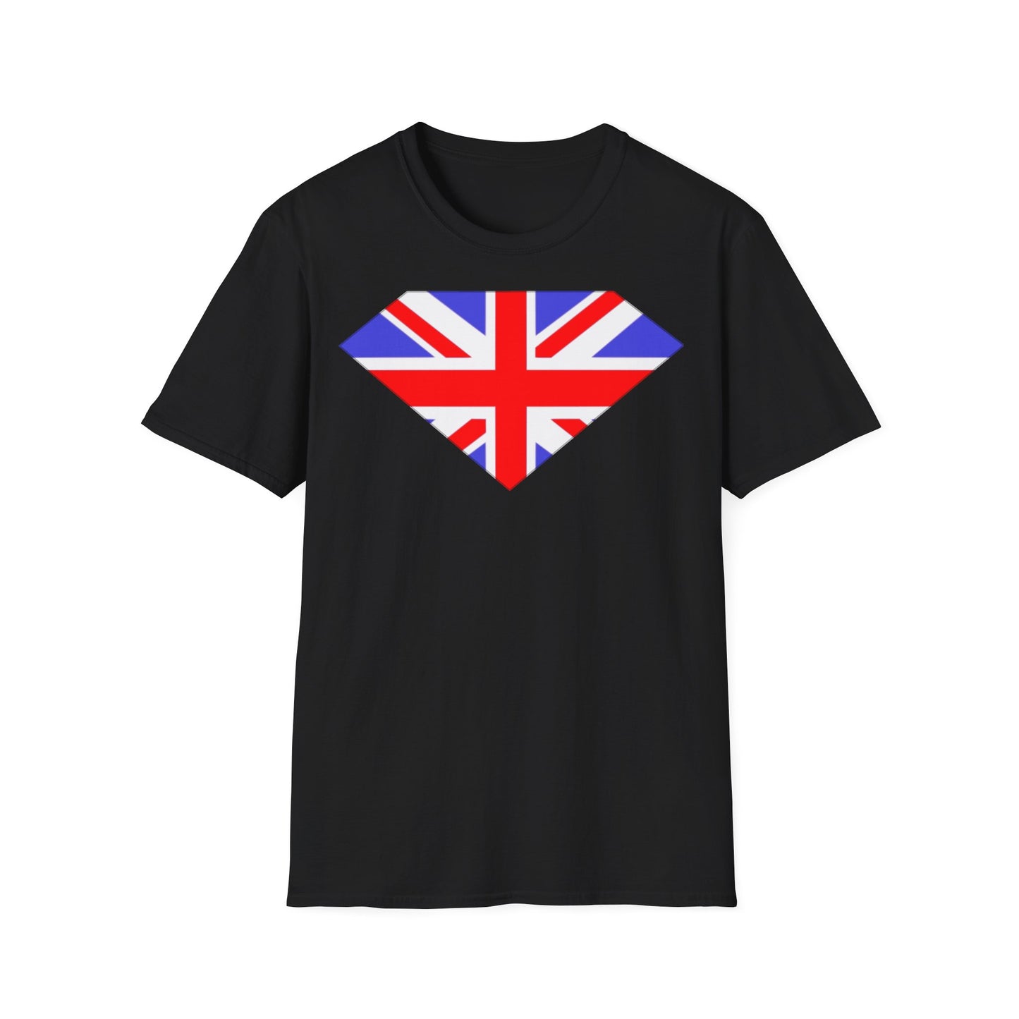 A black t-shirt with a design of a Union Jack flag in the shape of a flat top diamond gemstone