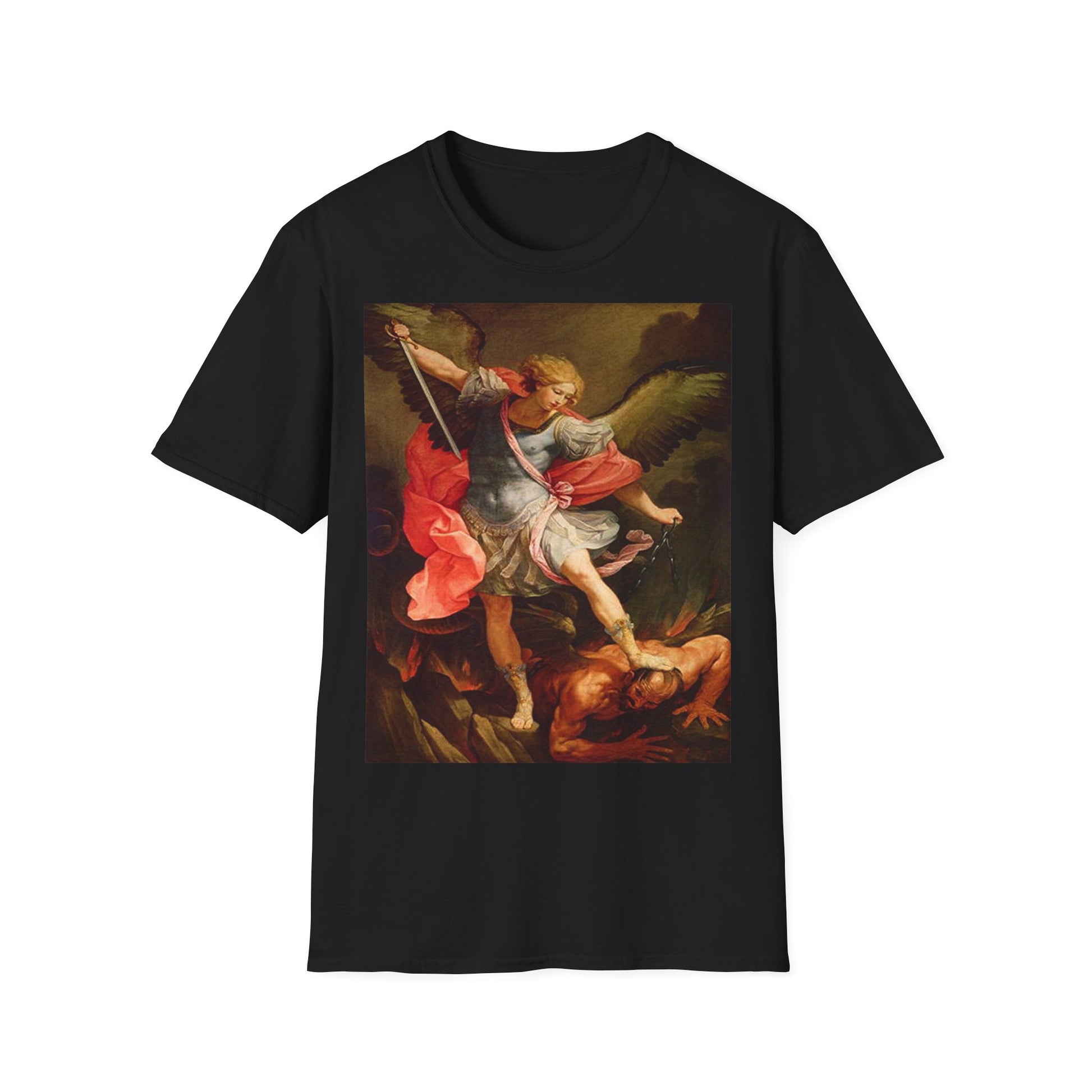 A black t-shirt with a design of Archangel Michael defeating Satan.