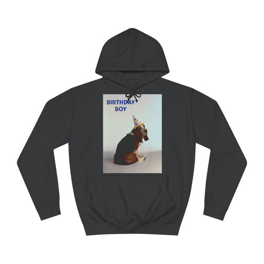 A black hoodie sweatshirt with a design of a Basset dog in a party hat with the words: Birthday Boy