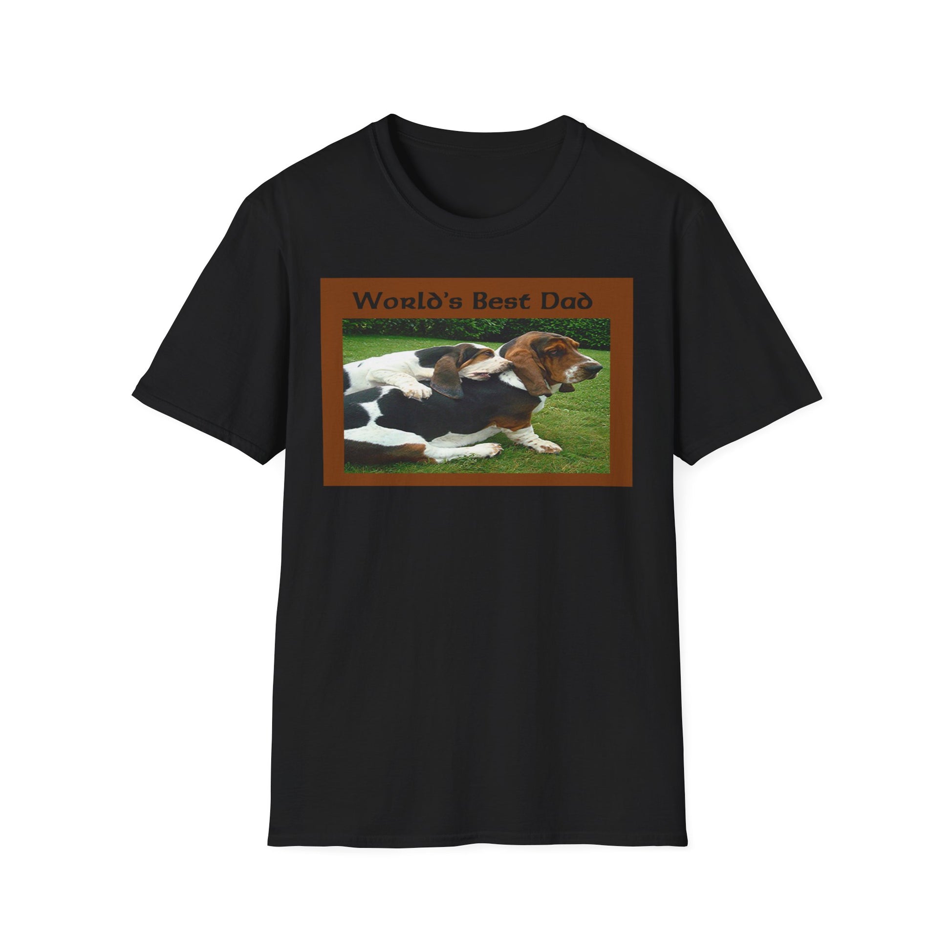 A black t-shirt with a photo design of a Basset dog being hugged by his puppy. The greeting at the top reads: World's Best Dad.