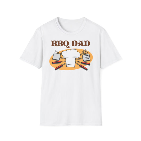 A white t-shirt with a design of BBQ tools and a chef's hat, with the words BBQ Dad above it.